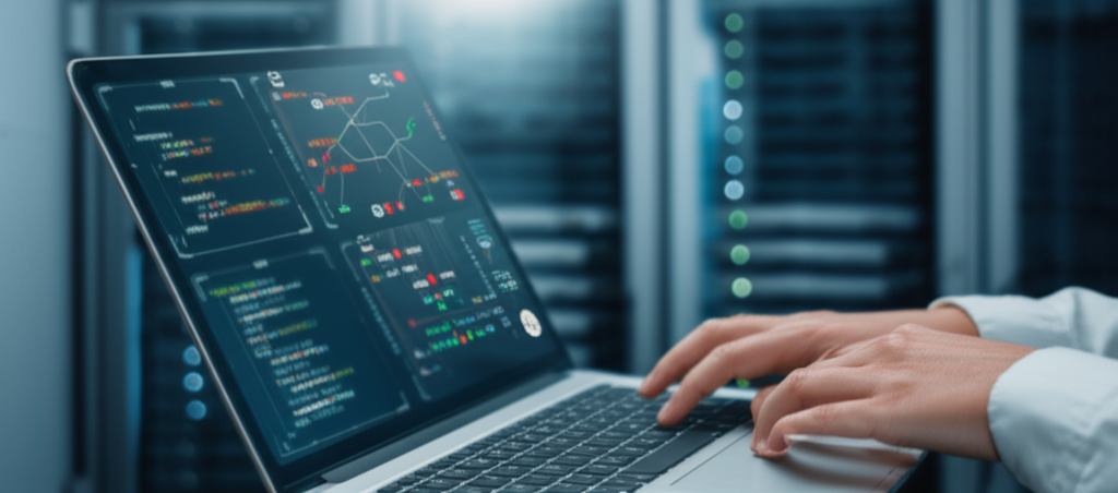 An IT solutions dashboard showing graphs and data, representing OracleAppsGuide services.